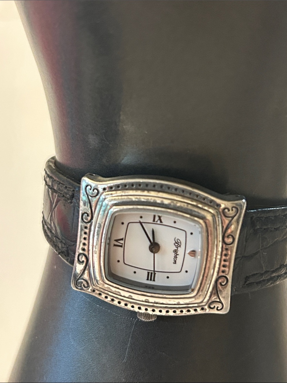 Brighton, silver plated watch with black leather band, filagree, scroll work